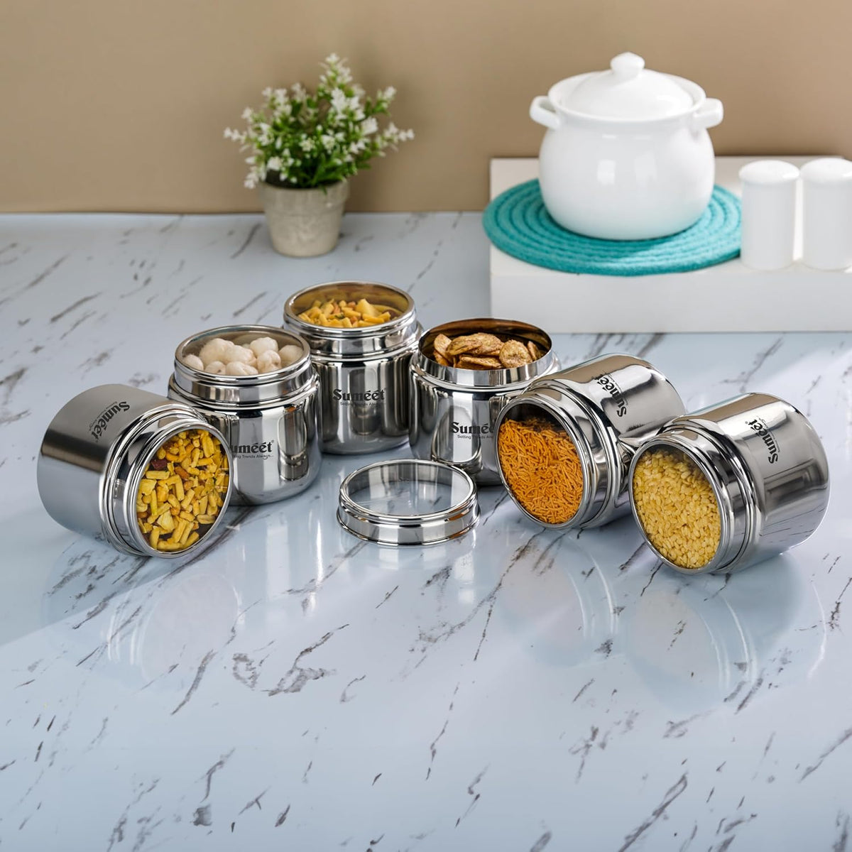 Sumeet Stainless Steel Small Canisters/Dabba/Storage Containers for Kitchen with Lid, Set of 6 Pcs, 400ml Each, 9cm Dia, Silver | Grocsy