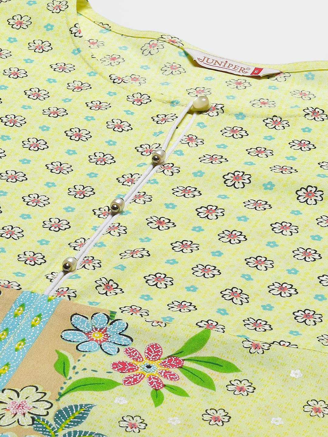 Juniper Women's Lime Floral Printed Rayon Kurta With Buttons Closure At Back | Grocsy