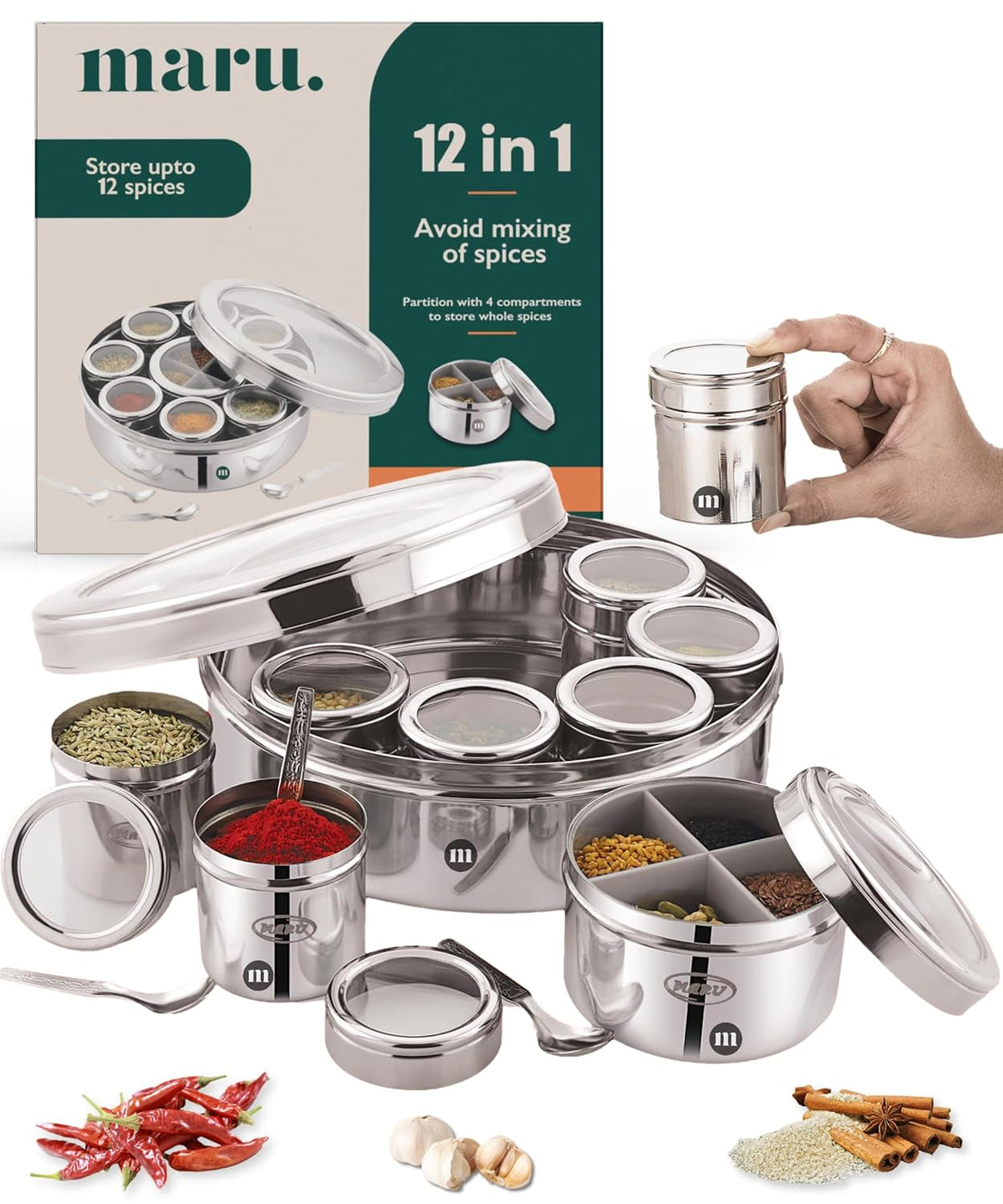 MARU Steel 12-in-1 Spice Box For Kitchen, Durable Masala Dani with Middle Partition Container | Grocsy