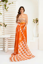 Vastranavya Orange Digital Printed Linen Ready To Wear Designer Saree with Unstitched Blouse | Grocsy