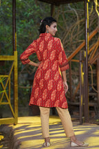 Juniper Women's Red Ethnic Motif Printed Rayon A-Line Kurta with Buttons | Grocsy