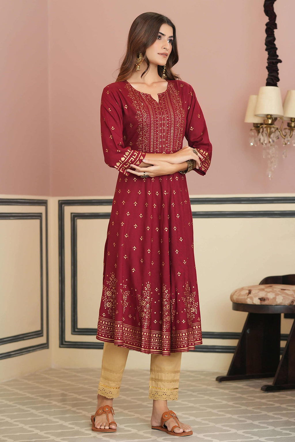 Juniper Women's Maroon Ethnic Motif Printed Rayon Kurta With Sequins | Grocsy
