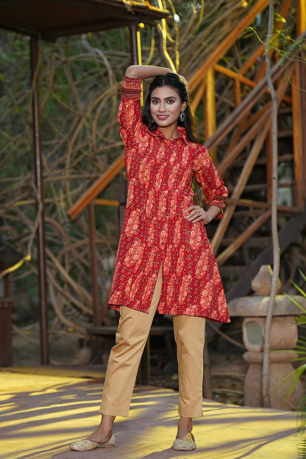 Juniper Women's Red Ethnic Motif Printed Rayon A-Line Kurta with Buttons | Grocsy