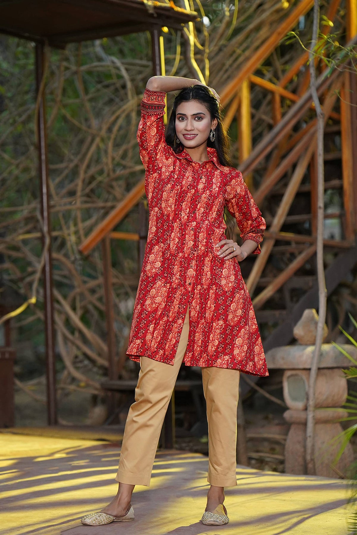 Juniper Women's Red Ethnic Motif Printed Rayon A-Line Kurta with Buttons | Grocsy