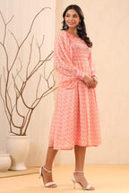 Juniper Women's Peach Ethnic Motif Printed Georgette Midi Dress With Sequins Work | Grocsy