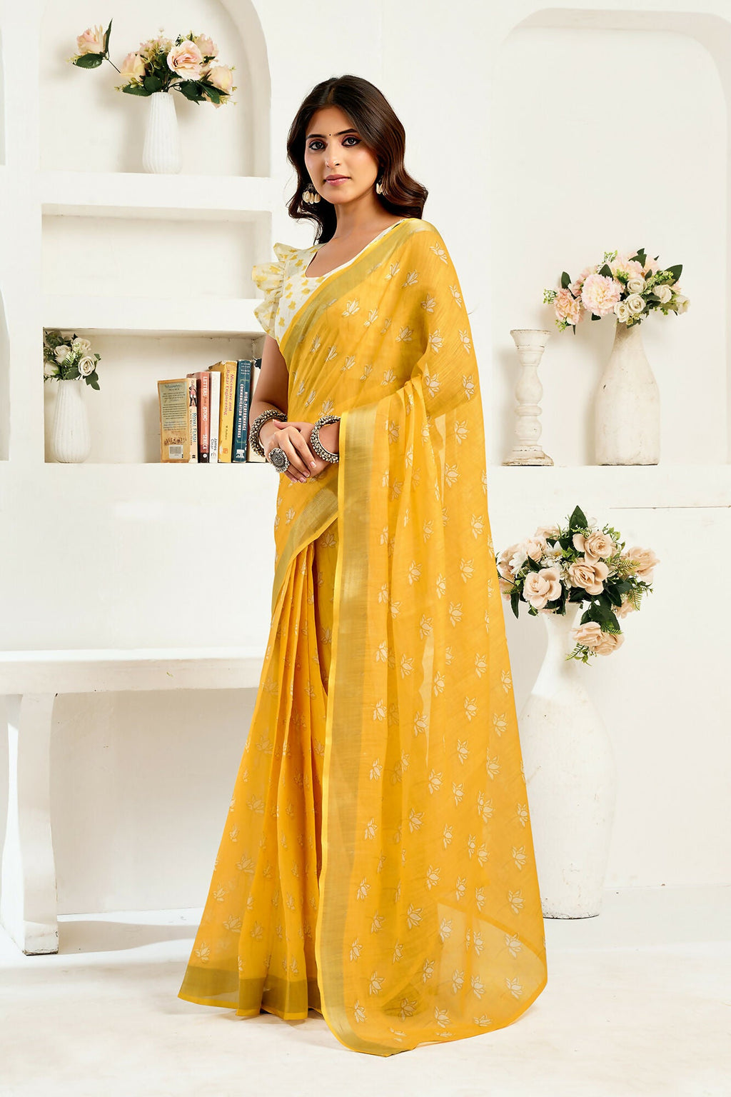 Vastranavya Yellow Digital Printed Linen Ready To Wear Designer Saree with Unstitched Blouse | Grocsy