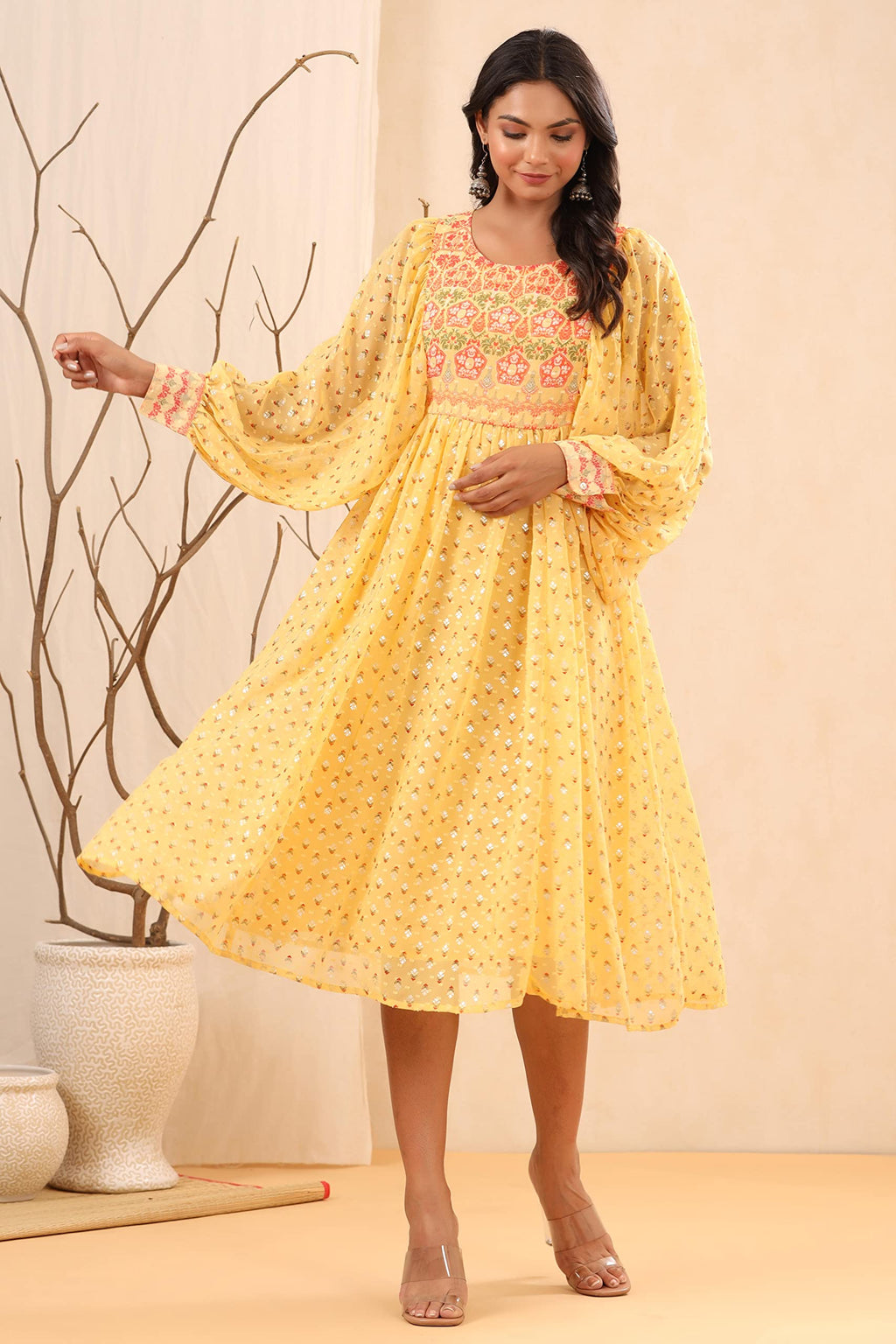 Juniper Women's Yellow Ethnic Motif Printed Georgette Midi Dress With Sequins Work | Grocsy