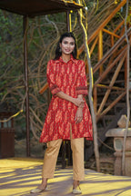 Juniper Women's Red Ethnic Motif Printed Rayon A-Line Kurta with Buttons | Grocsy