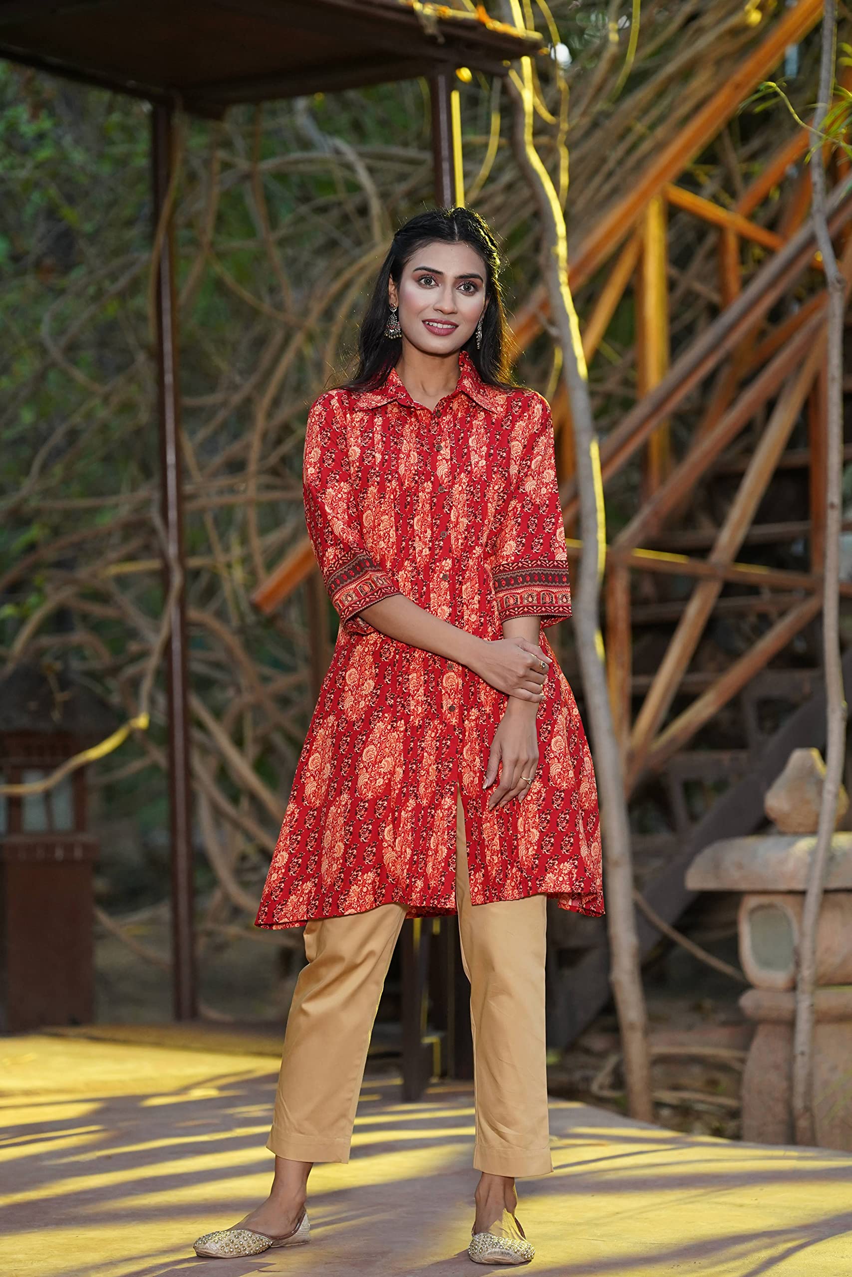 Juniper Women's Red Ethnic Motif Printed Rayon A-Line Kurta with Buttons | Grocsy