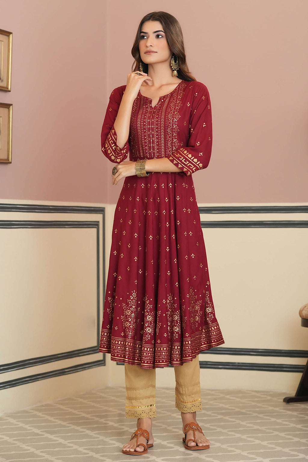 Juniper Women's Maroon Ethnic Motif Printed Rayon Kurta With Sequins | Grocsy