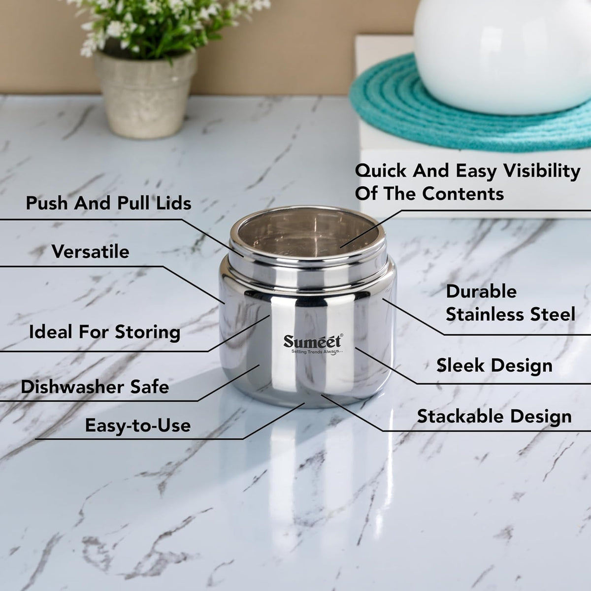 Sumeet Stainless Steel Small Canisters/Dabba/Storage Containers for Kitchen with Lid, Set of 6 Pcs, 400ml Each, 9cm Dia, Silver | Grocsy