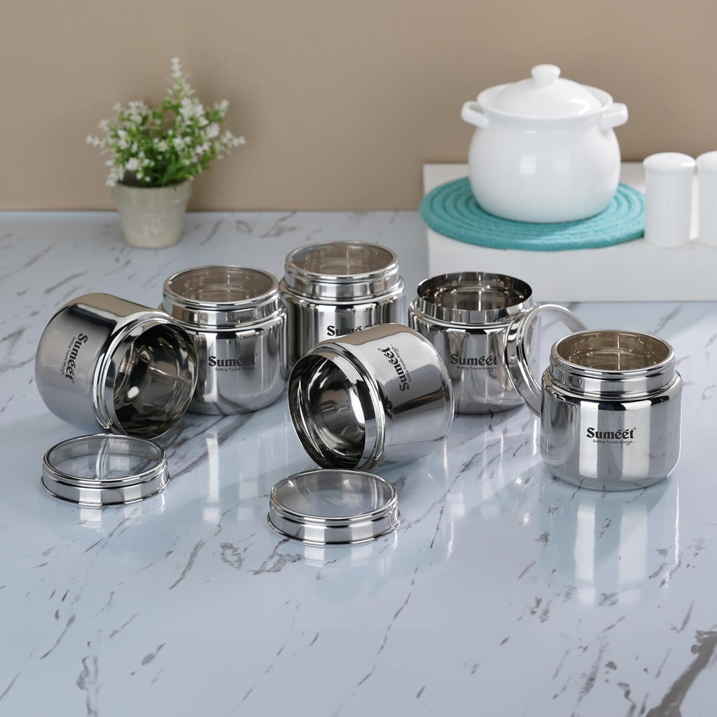 Sumeet Stainless Steel Small Canisters/Dabba/Storage Containers for Kitchen with Lid, Set of 6 Pcs, 400ml Each, 9cm Dia, Silver | Grocsy