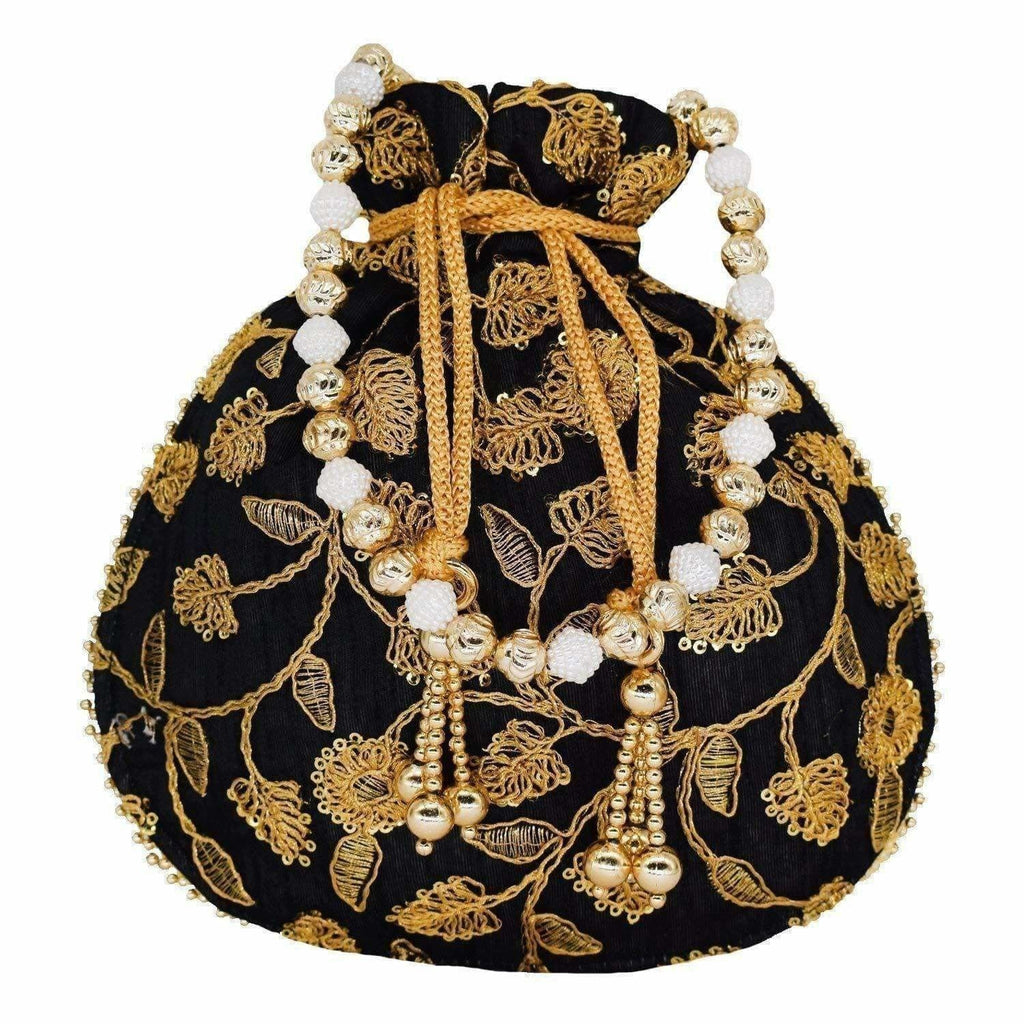 Ethnic Silk Potli bag Clutch Batwa Pouch with Embroidery and Metal Bead work Gift For Women | Grocsy