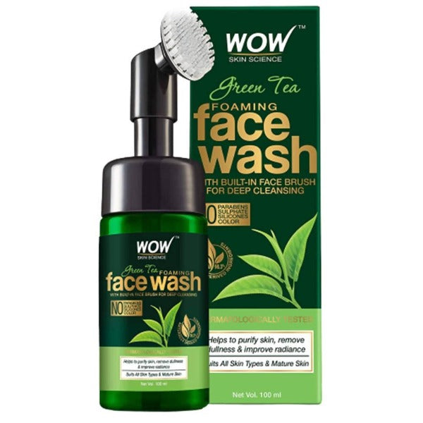 Wow Skin Science Green Tea Foaming Face Wash With Built-In Face Brush For Deep Cleansing | Grocsy