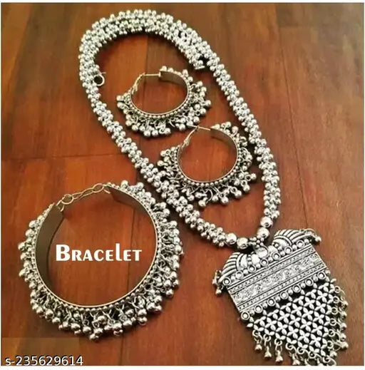 Tehzeeb Creations Women's Silver Colour Oxidised Necklace Earring And Bangle Set | Grocsy