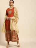 All About You Women Orange& Cream Embroidered Kurta with Dupatta | Grocsy