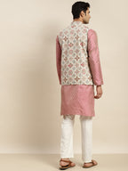 Sojanya Men Pink Ethnic Motifs Kurta with Churidar & Nehru Jacket | Grocsy