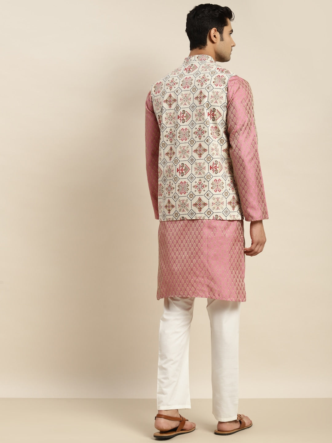 Sojanya Men Pink Ethnic Motifs Kurta with Churidar & Nehru Jacket | Grocsy