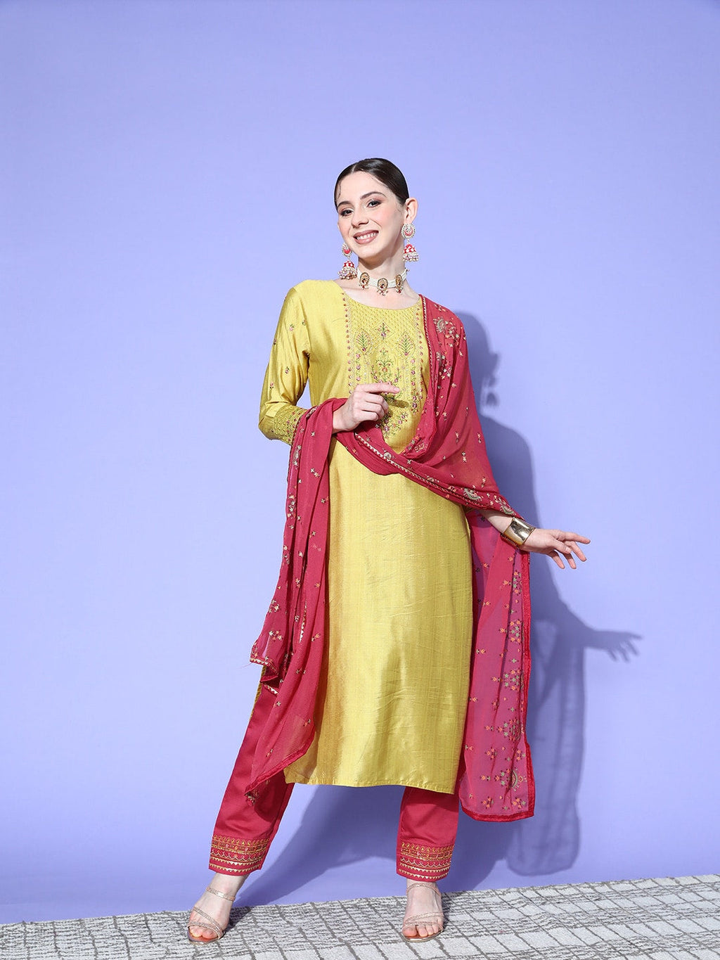 Sangria Ethnic Motifs Yoke Design Regular Sequinned Kurta with Trousers & Dupatta | Grocsy