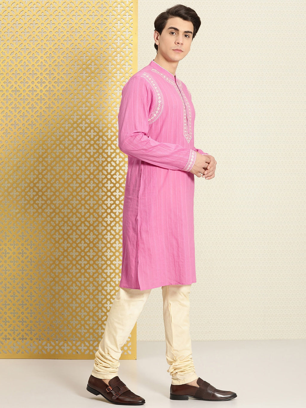 House of Pataudi Men Pure Cotton Self Striped Embroidered Thread Work Jashn Kurta | Grocsy