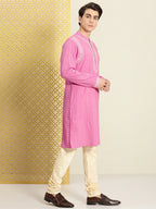 House of Pataudi Men Pure Cotton Self Striped Embroidered Thread Work Jashn Kurta | Grocsy