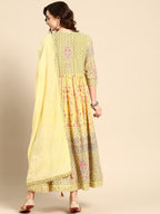 Sangria Women Yellow & Pink Floral Printed Anarkali Kurta | Grocsy