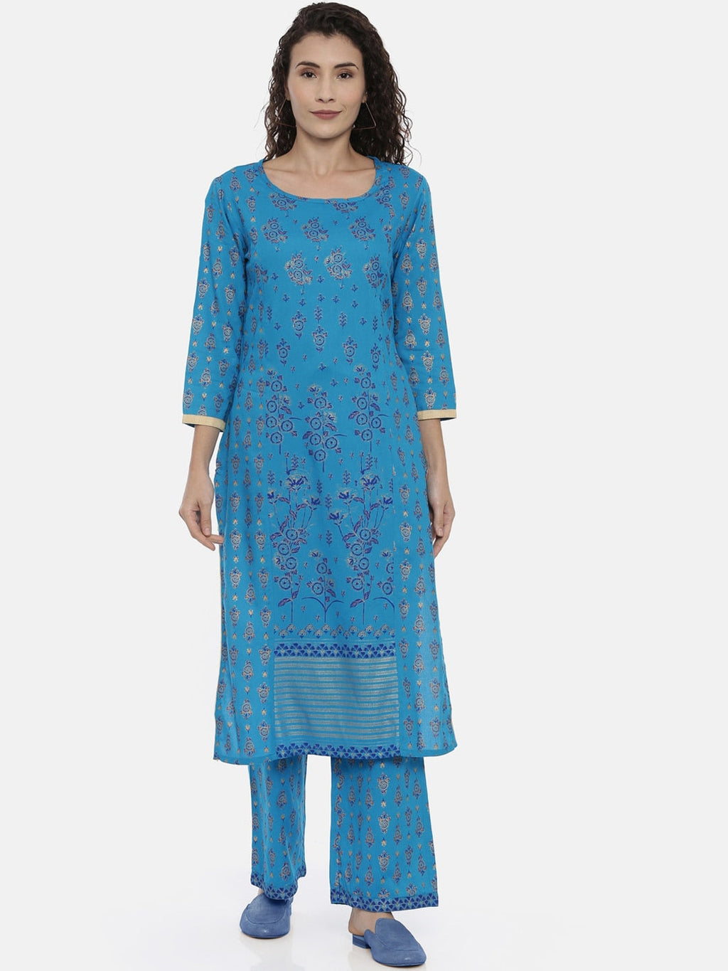 Souchii Turquoise Blue & Gold-Toned Floral Print Kurta with Palazzos | Grocsy