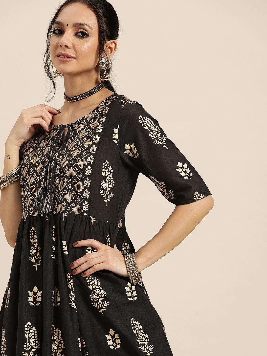 Sangria Women Black & Golden Ethnic Motifs Printed Kurta | Grocsy