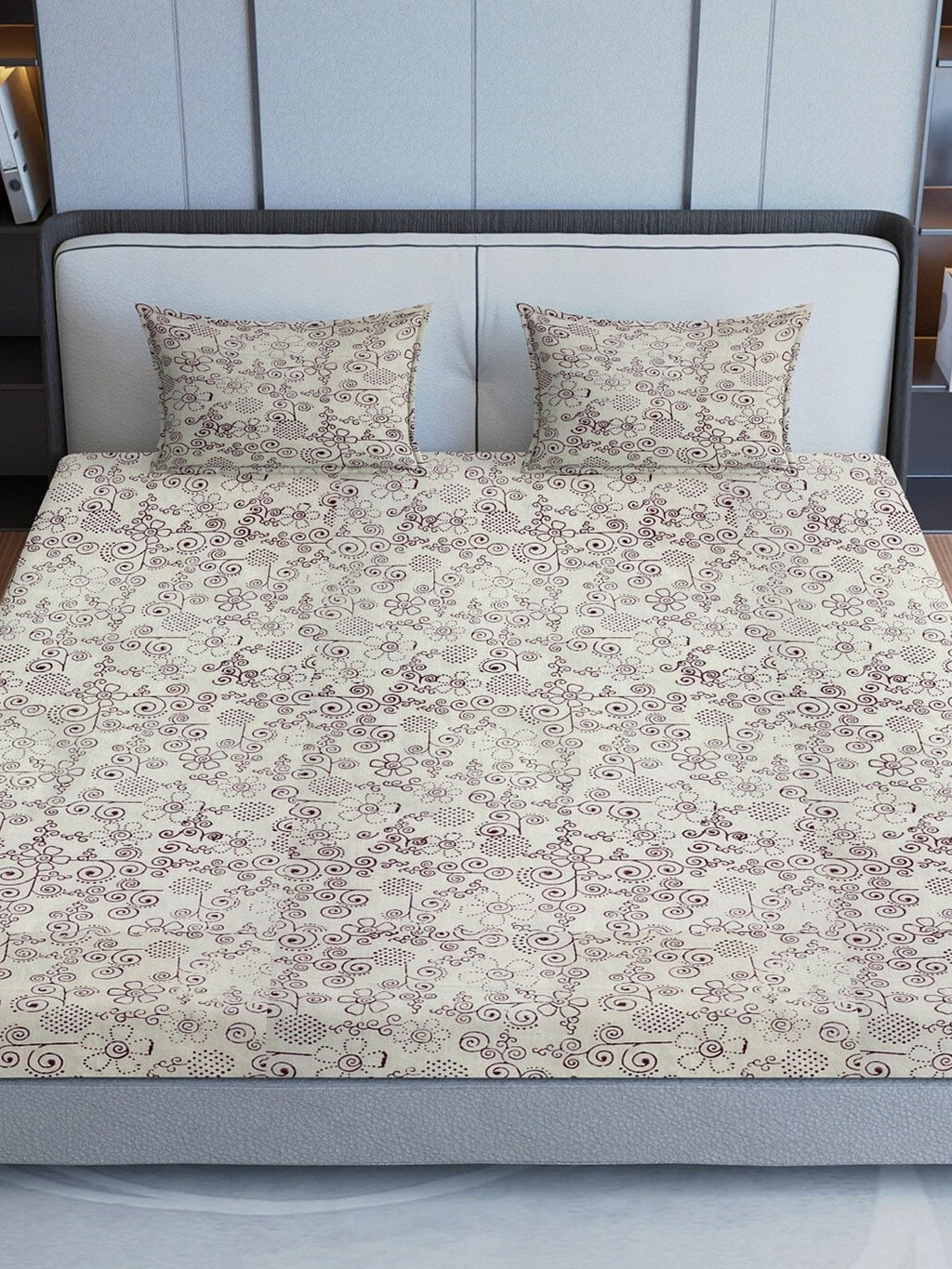 Sangria Maroon & Grey Ethnic Motif Printed 200TC Pure Cotton King Bedsheet Set | Grocsy