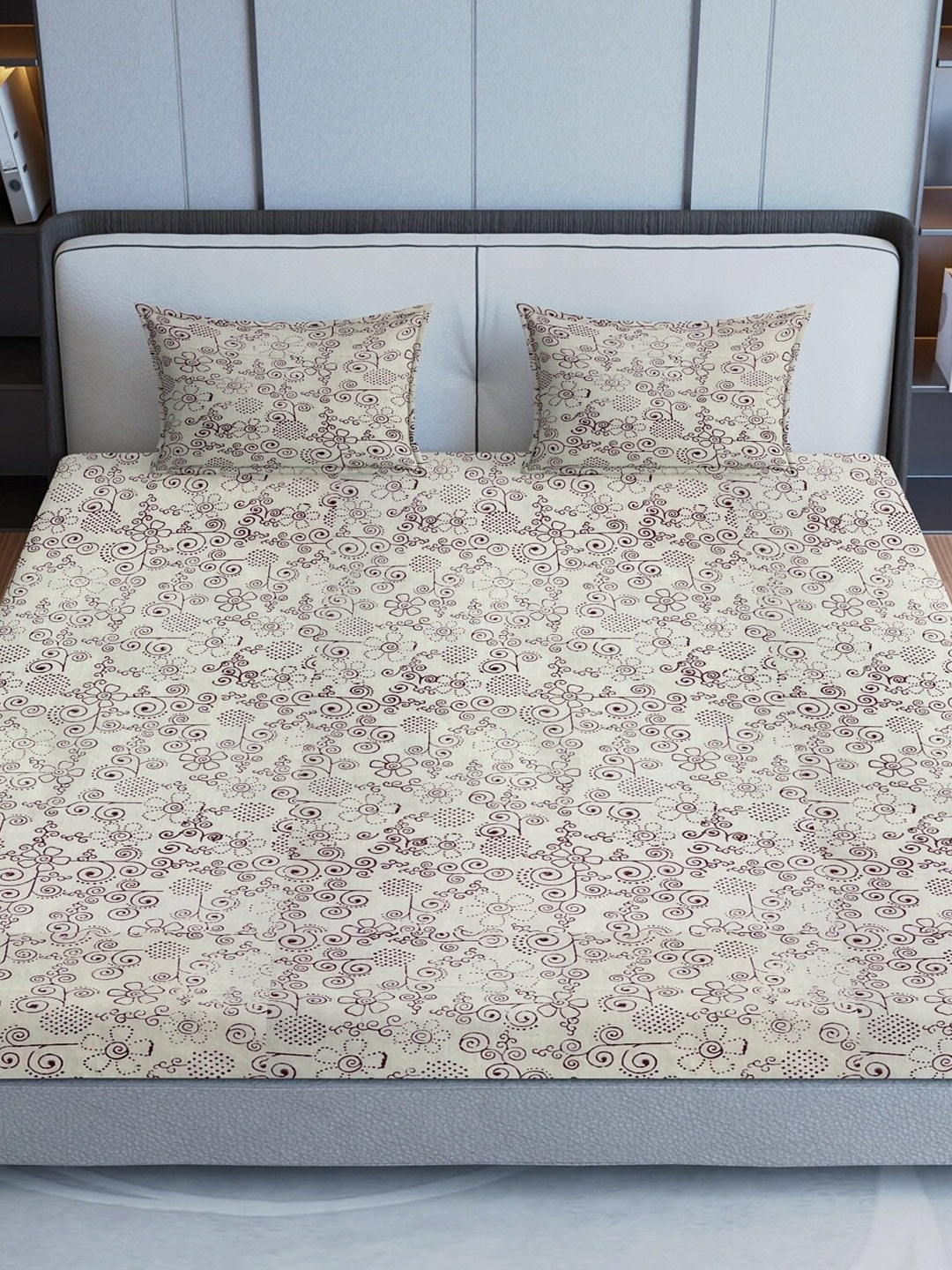 Sangria Maroon & Grey Ethnic Motif Printed 200TC Pure Cotton King Bedsheet Set | Grocsy