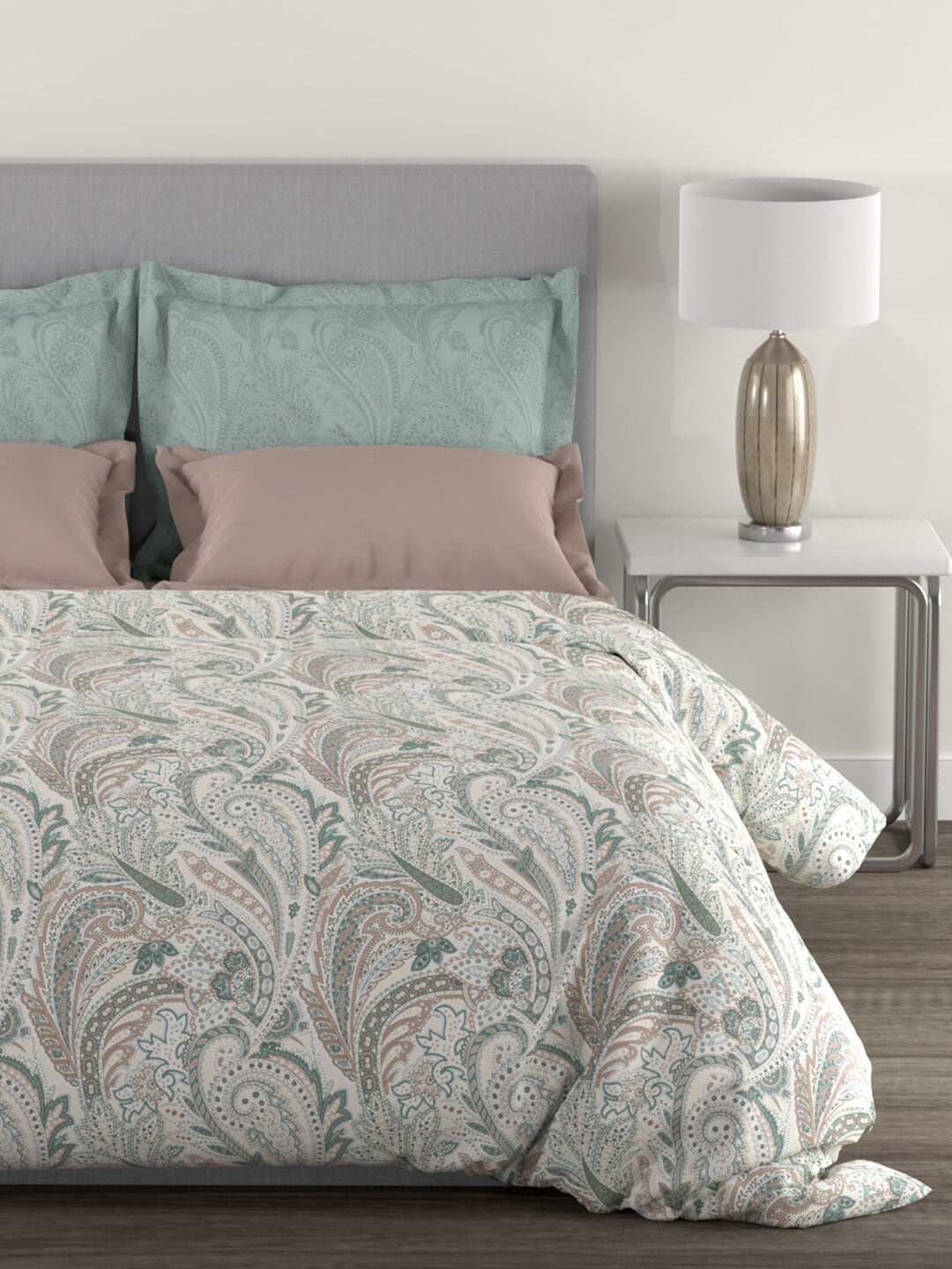 MYTRIDENT Green White Ethnic Motifs Cotton 144 TC Queen Bedsheet With 2 Pillow Covers | Grocsy