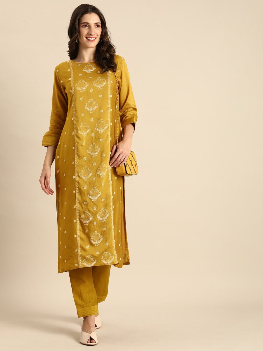All About You Women Mustard Yellow & Off-White Ethnic Motifs Embroidered Kurta Set | Grocsy