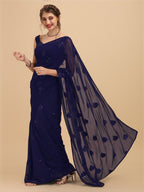 Sangria Navy Blue Sequinned Pure Georgette Saree | Grocsy