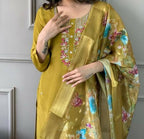 The52 Mustard Gorgeous Embroidered Viscose Chanderi Fabric Straight Kurta Pant with Dupatta Set | Grocsy