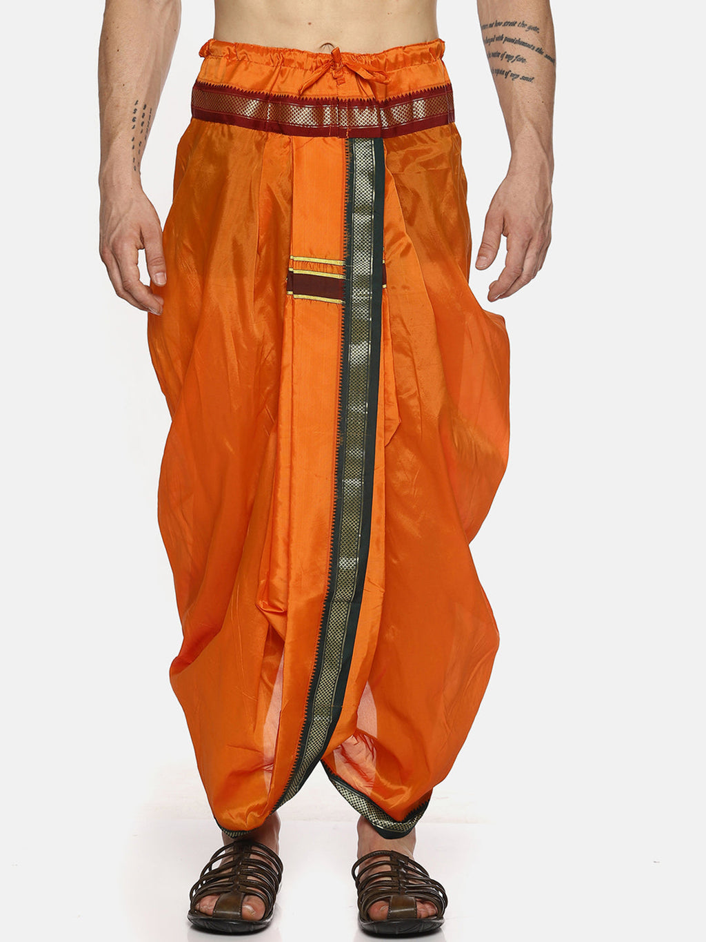 Sethukrishna Men Orange Solid Readymade Dhoti Pants With Angavastram | Grocsy