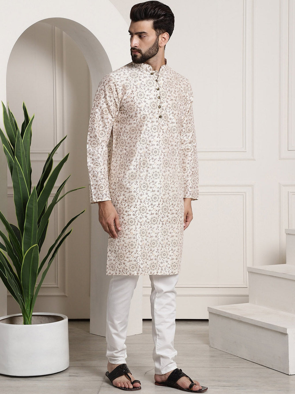 Sojanya Men Cream-Coloured & Brown Silk Cotton Printed Regular Kurta with Churidar | Grocsy