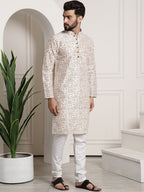 Sojanya Men Cream-Coloured & Brown Silk Cotton Printed Regular Kurta with Churidar | Grocsy