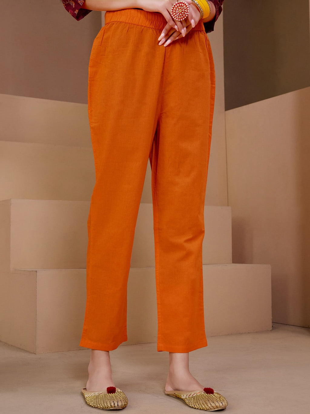 Sangria Maroon & Orange Printed V Neck Pure Cotton Angrakha Kurta With Trousers & Dupatta | Grocsy