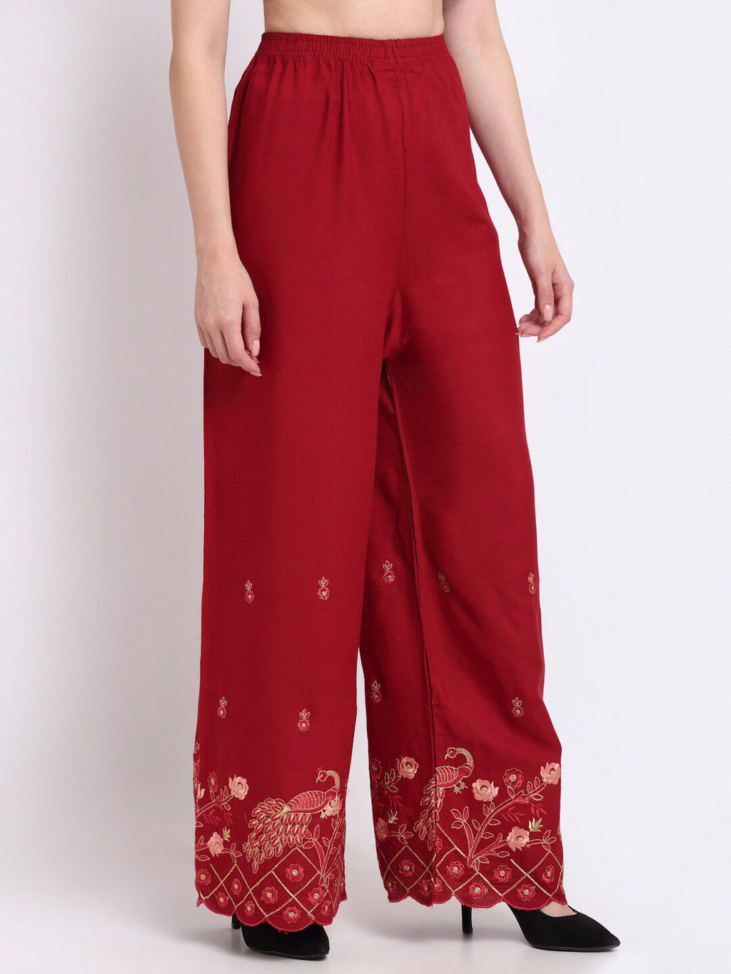 TAG 7 Women Ethnic Motifs Embroidered Flared Palazzos | Grocsy