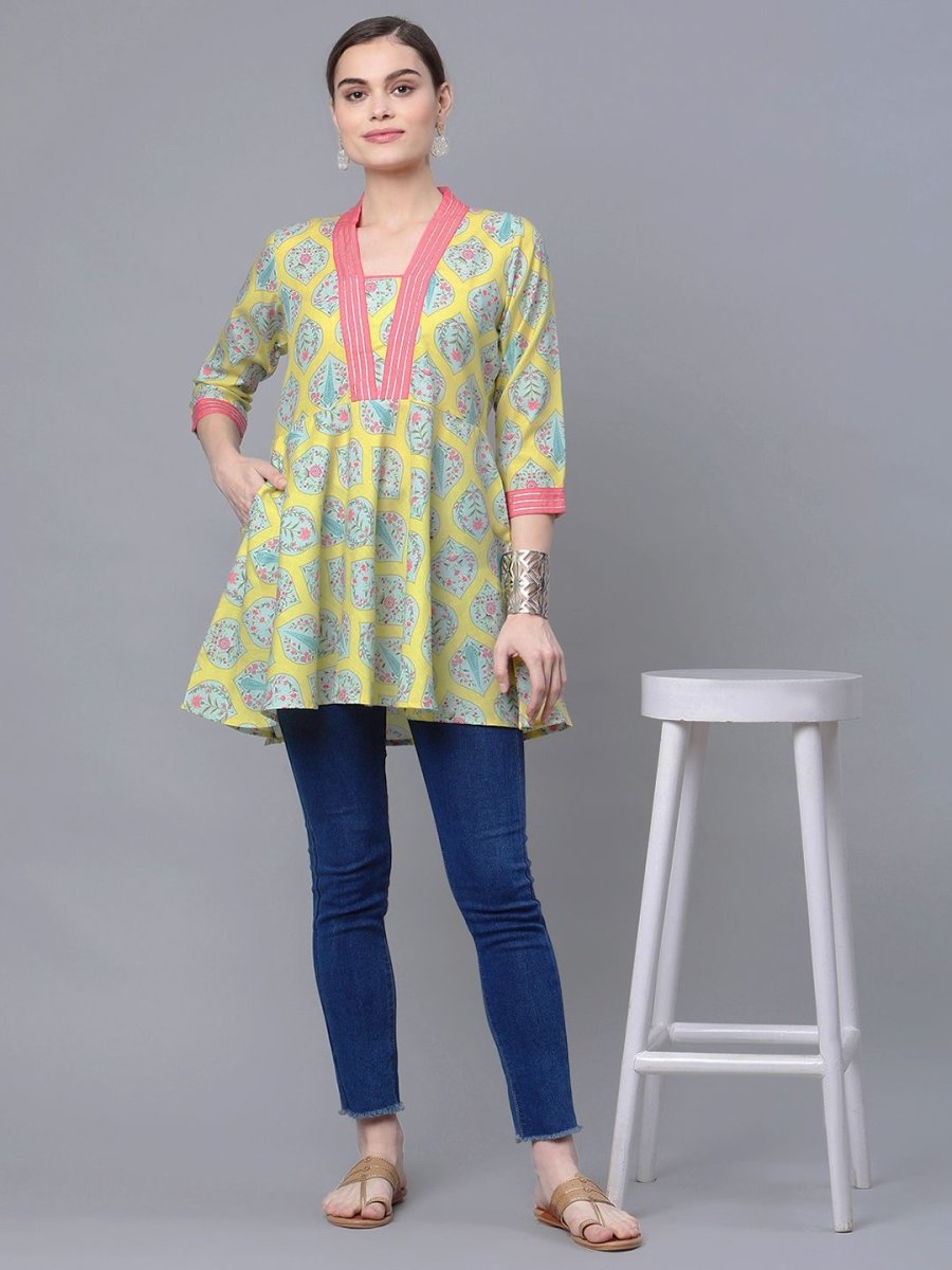Ahalyaa Women Cotton Blend Lemon Yellow Digital Printed Tunic | Grocsy