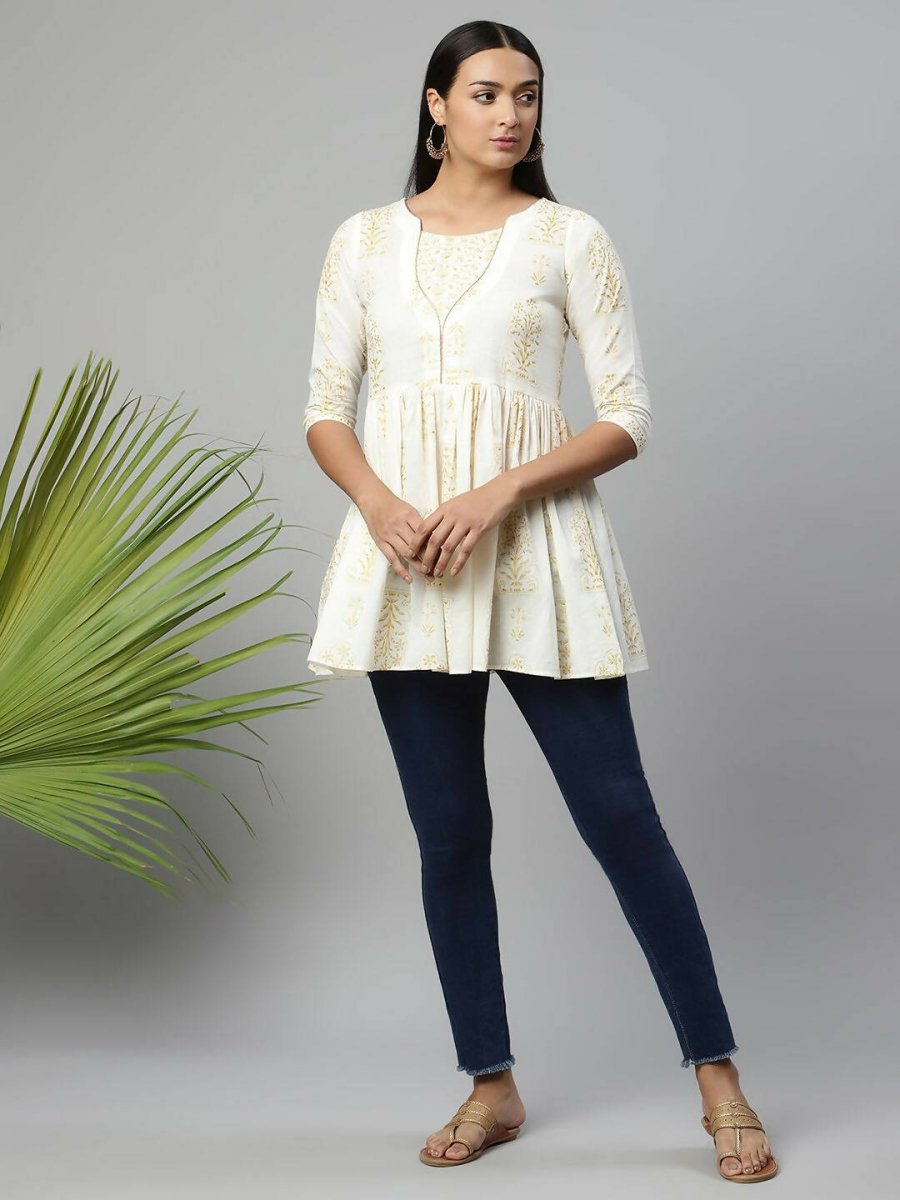 Ahalyaa Women Off White Beautiful Pure Cotton Printed Tunic | Grocsy