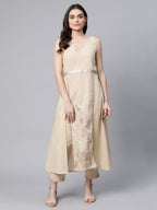 Ahalyaa Women Beige Pure Cotton Printed Floral Kurta With Trousers | Grocsy