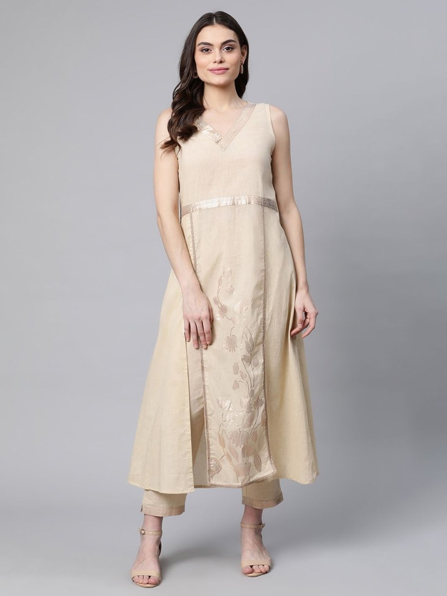 Ahalyaa Women Beige Pure Cotton Printed Floral Kurta With Trousers | Grocsy