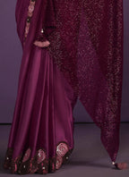 Purple Crepe Satin Silk Embroidered Saree With Stitched Blouse - Mohmanthan Exotica | Grocsy