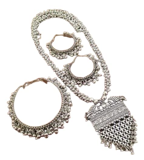 Tehzeeb Creations Women's Silver Colour Oxidised Necklace Earring And Bangle Set | Grocsy