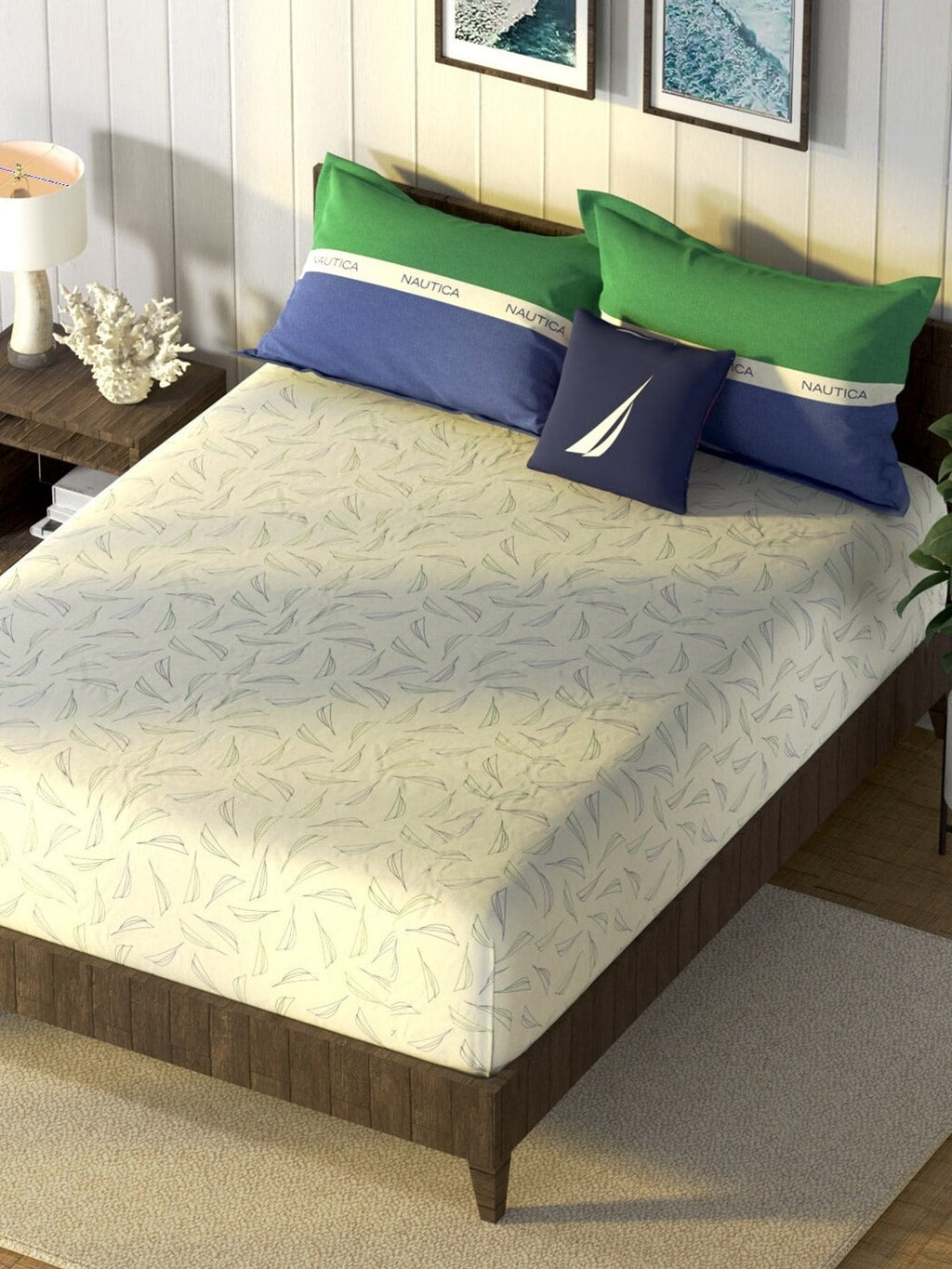 Nautica Noridge Green & Blue Floral Cotton 160 TC King Bedsheet With 2 Pillow Covers | Grocsy