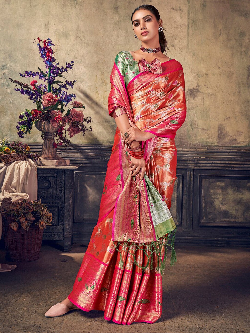 Sangria Rust Ethnic Woven-Designed Festive Saree With Blouse Piece | Grocsy