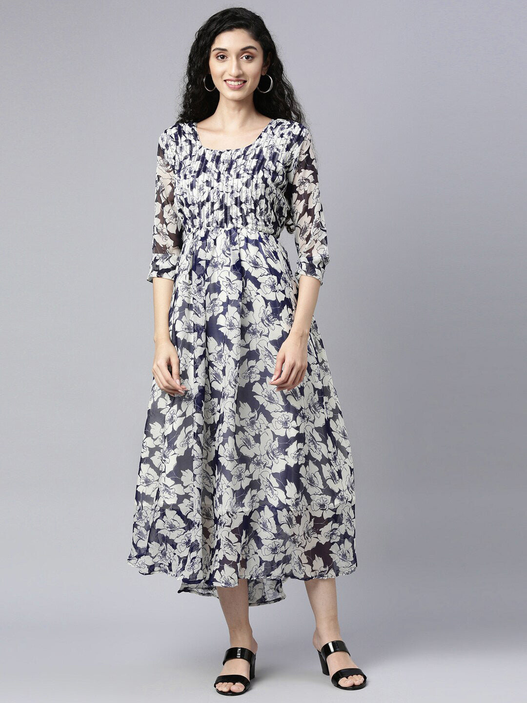 Souchii Floral Printed Chiffon Empire Midi Dress | Grocsy