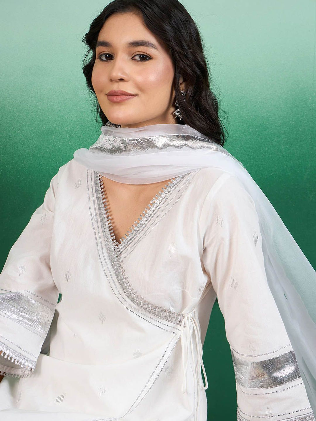 Sangria White Ethnic Motifs Printed Angrakha Kurta With Trouser & Dupatta | Grocsy