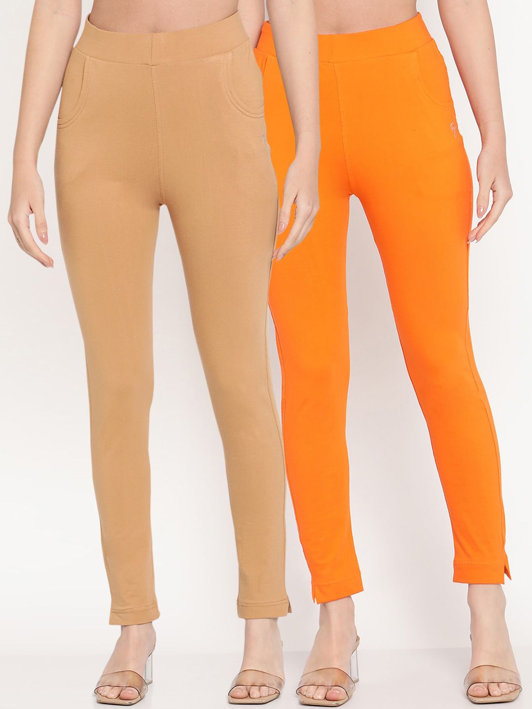 TAG 7 Set Of 2 Beige & Orange Solid Leggings | Grocsy